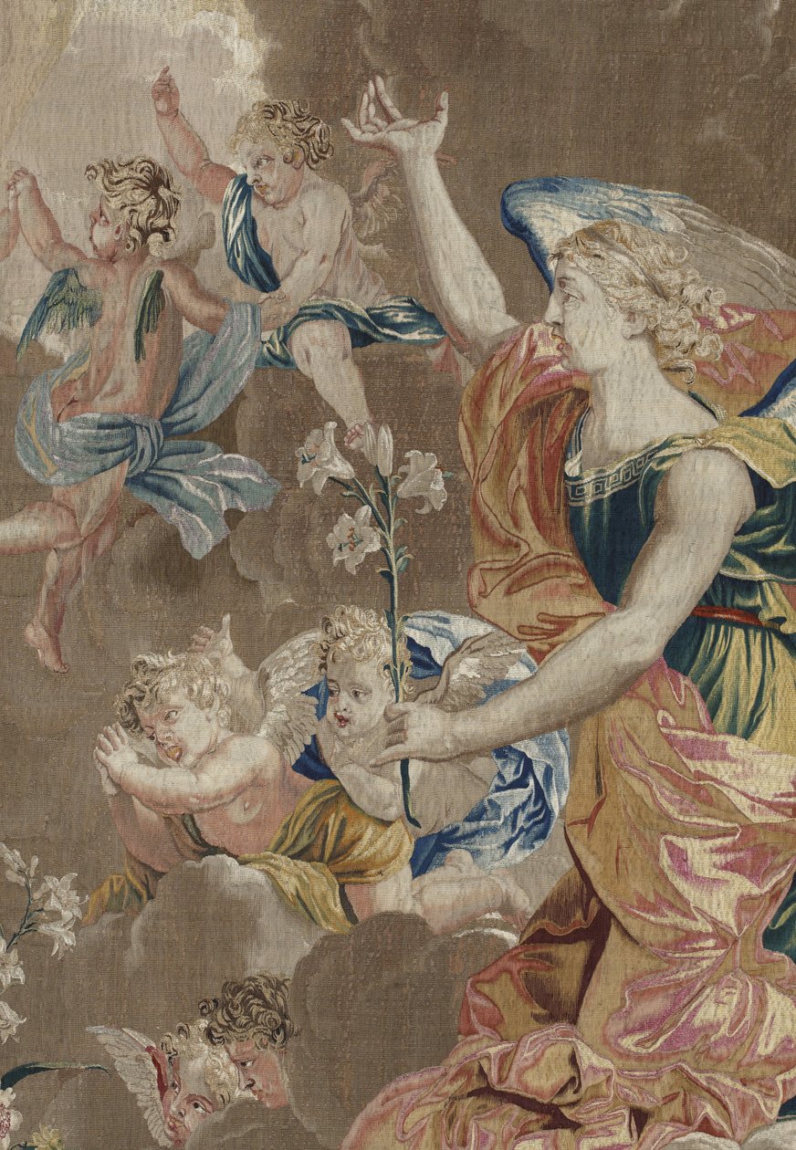 Jomfruens liv: "Bebudelsen"" - Detaljetapet af uld og silke lavet på Pierre Damours værksted efter tegningerne af Charles Poerson (1609-1667) af William M. Timlin