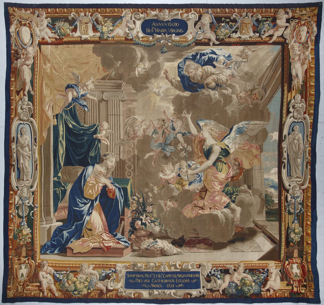 Jomfruens liv: "Bebudelsen"" Vi ser Gud og Helligåndens (Helligåndens) due over scenen - Uld og silketæppe lavet i Pierre Damours værksted ud fra Charles Poersons tegninger (1609-1667) af Unbekannt