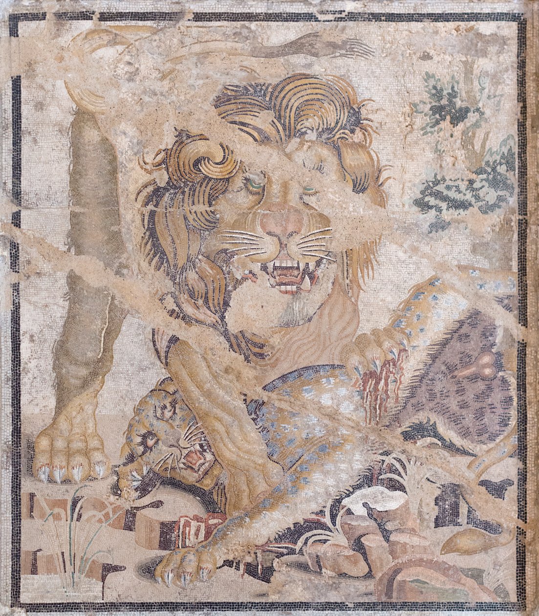 Løve og leopard (mosaik) af Unbekannter Künstler