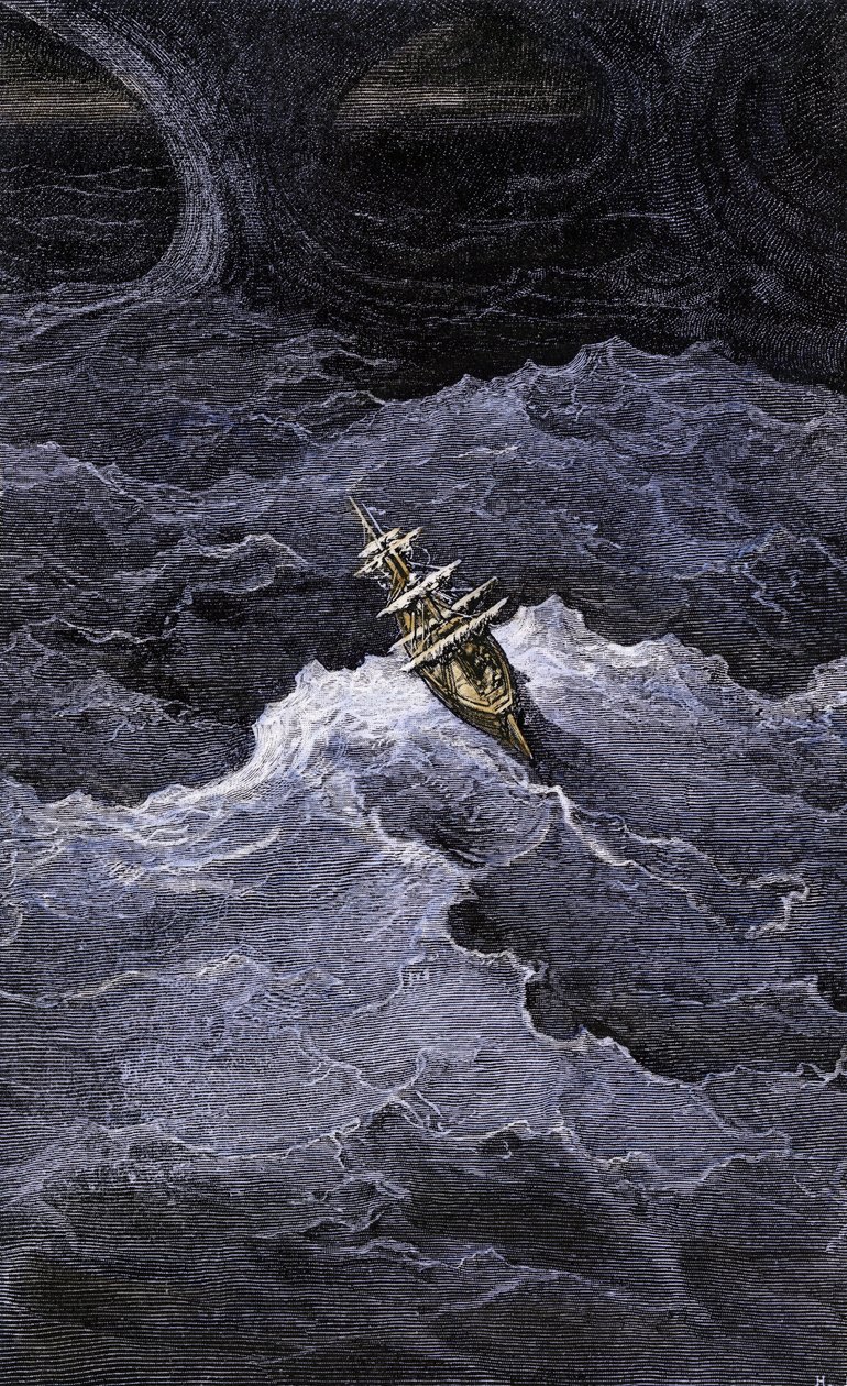 Litteratur: Båd midt ude på havet. Illustration af Samuel Taylor Coleridges (1772-1834) roman "Rime of the Ancient Mariner". Farvestik efter en illustration af Gustave Dore. af Unbekannter Künstler