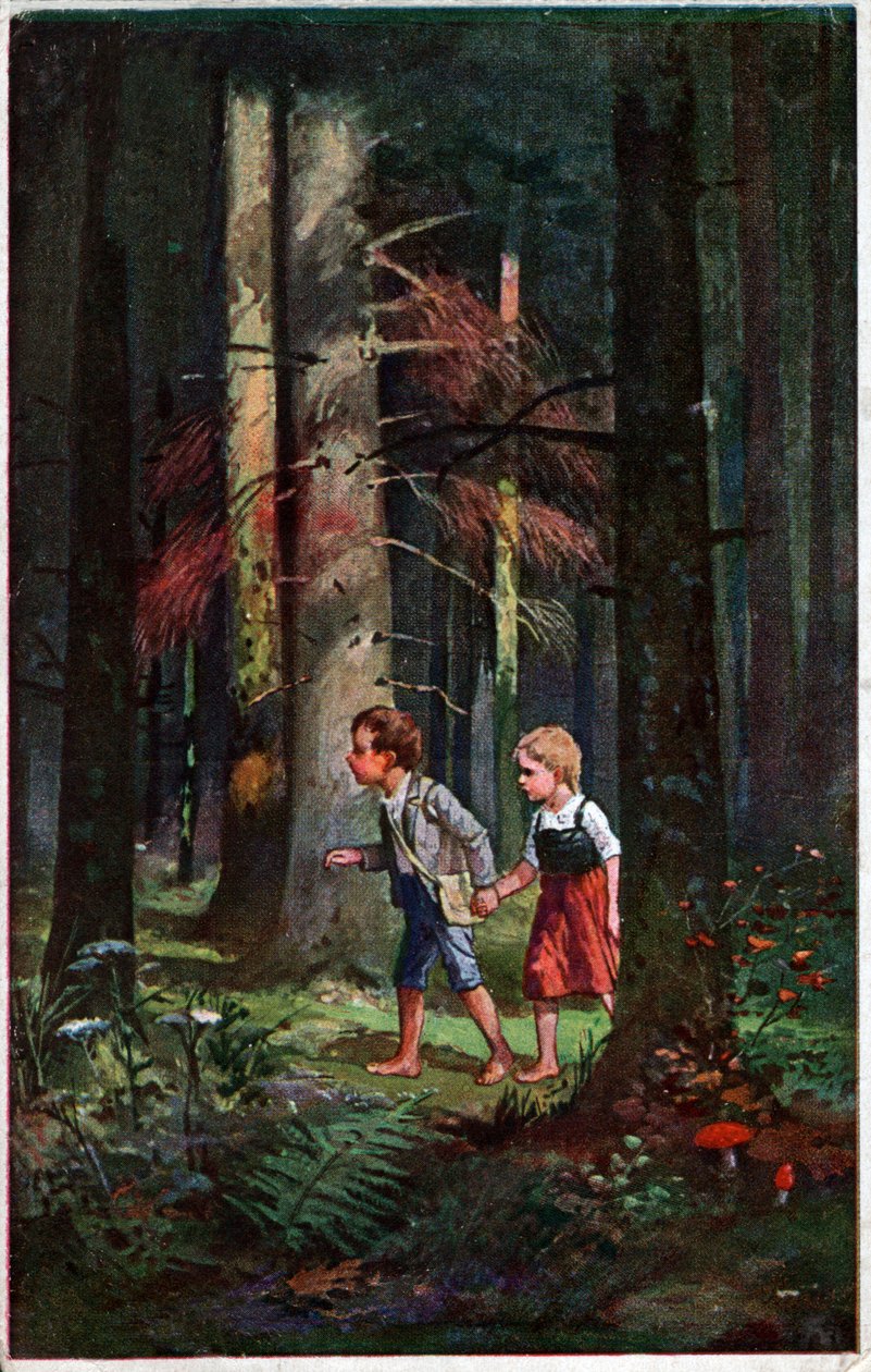 Litteratur. Eventyr. Hansel og Gretel tabte i skoven. Illustration af Otto Kubel for historien om brødrene Grimm. Postcard, Tyskland, c.1900. af Unbekannter Künstler