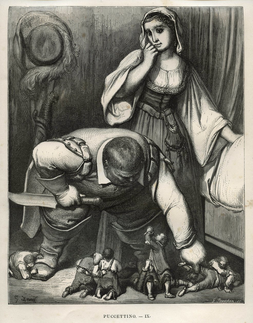 Lille Pouket og hans brødre tryglede trolden om ikke at dræbe dem Gravering af Gustave Dore (1832-1883) fra Charles Perraults "" Les Tales" (1628-1703) af Unbekannt