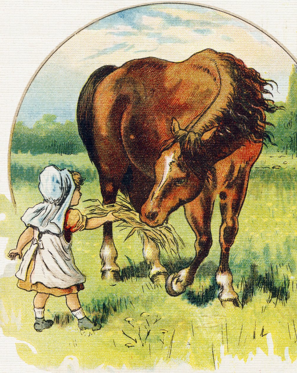 Lille pige, der giver hø til en hest. Indgravering i "ABC L
