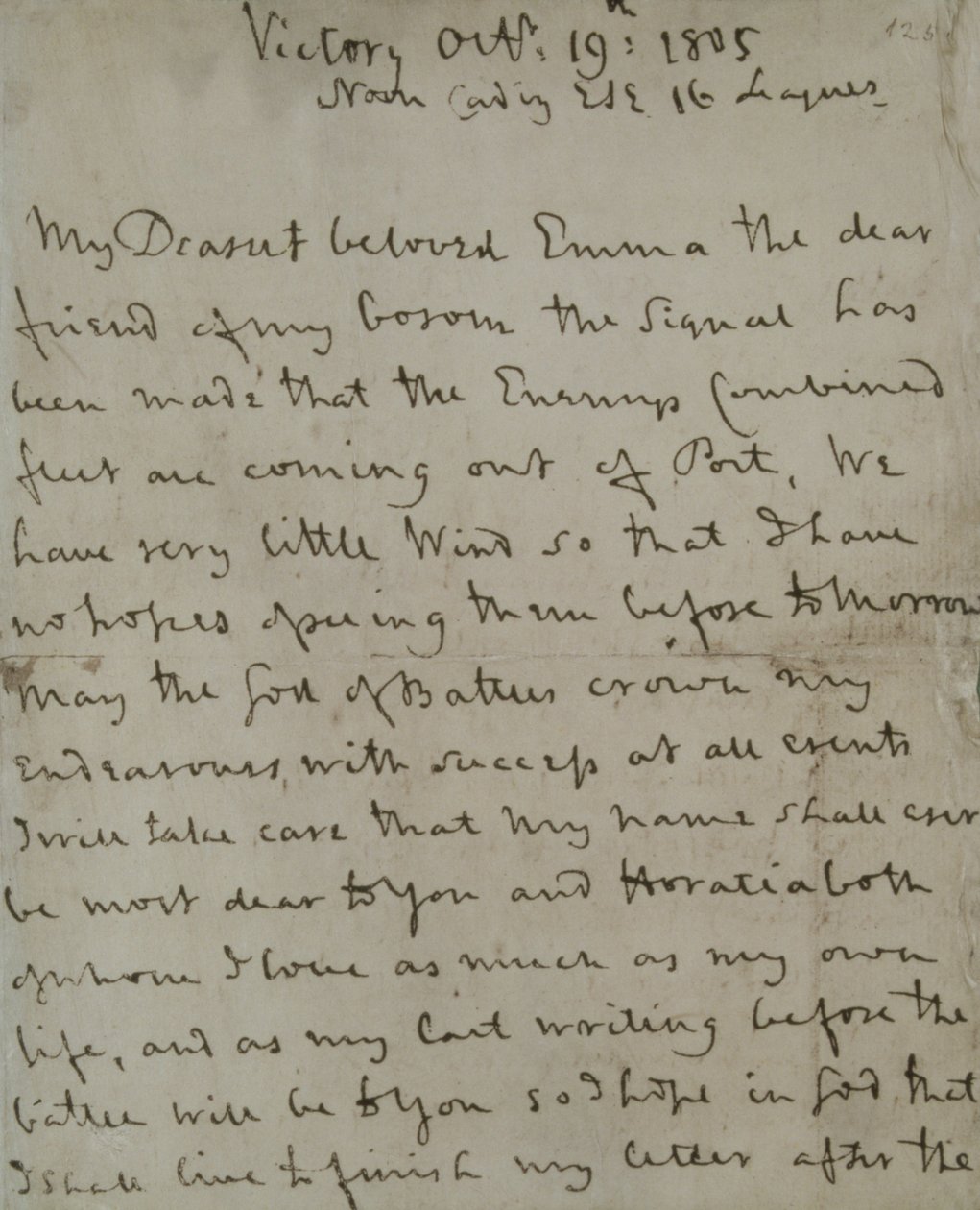Lord Nelsons (1758-1805) sidste brev til Emma Hamilton, skrevet fra 