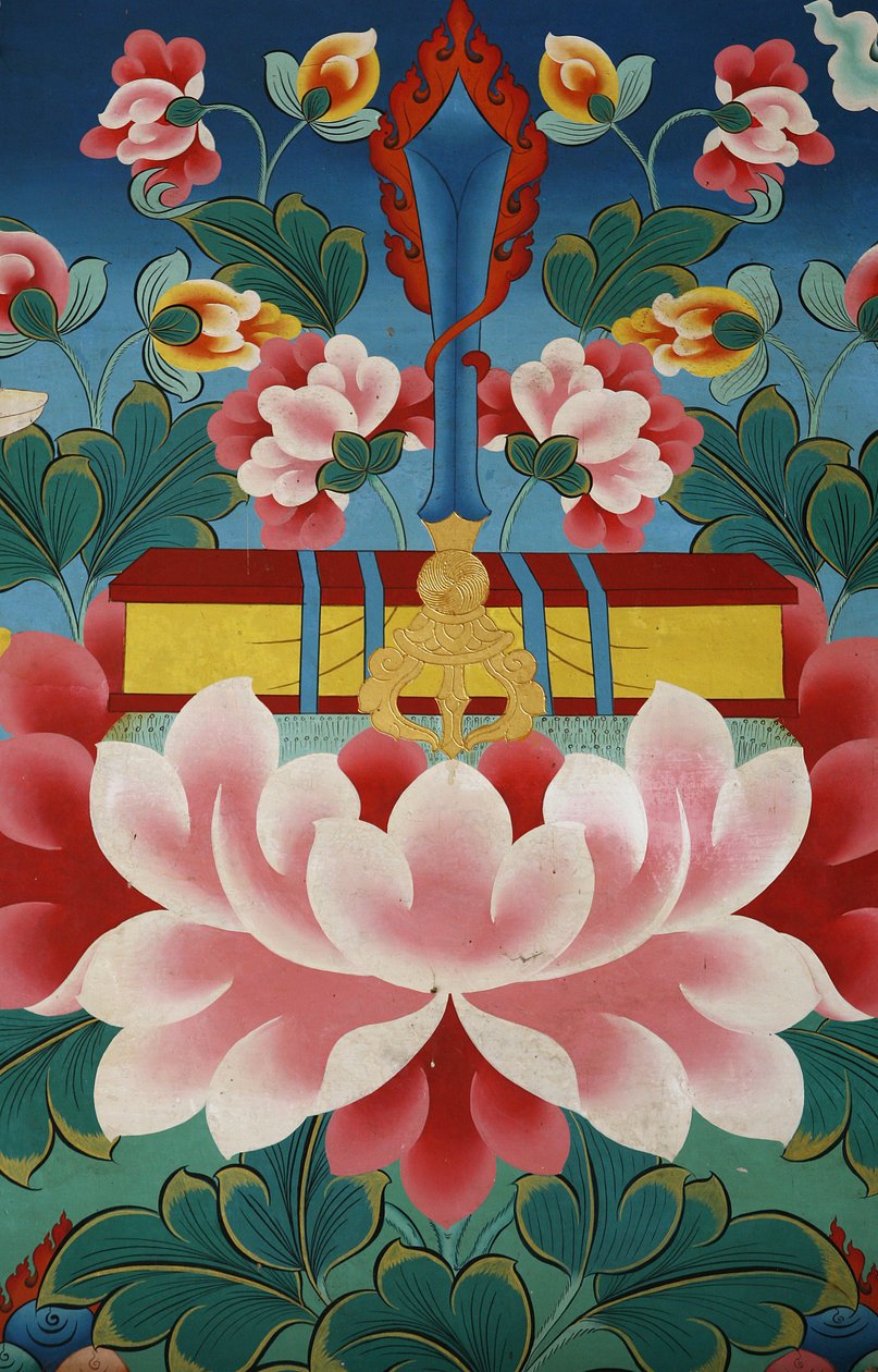 Lotusblomst, videnssværd og hellig tekst. Kopan kloster, Kathmandu, Nepal af Unbekannt