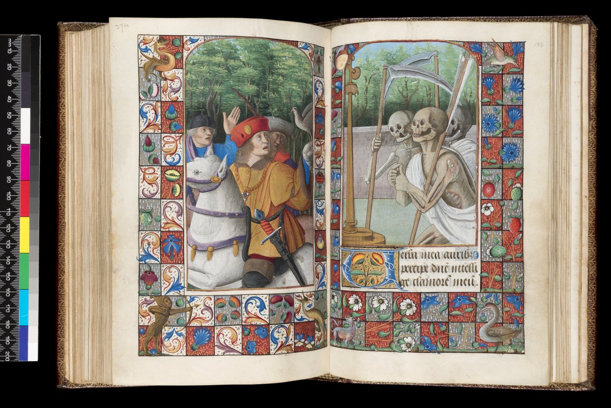 MS 92 f.132v-133r, De dødes kontor, Matins, De tre levende og de tre døde, fra en timebog, det vestlige Frankrig, brug af Rom, 1490-1510 af Unbekannt