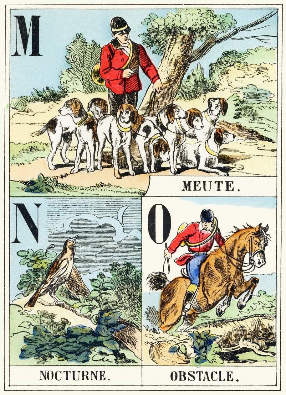 M N O : Meute, Nocturne, Hindring - Jagtalfabetet, ca. 1890 (gravering) af Unbekannt