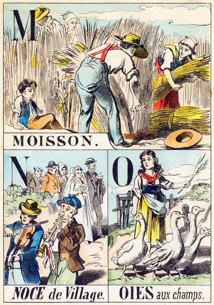 M N O : Moisson, Noce de village, Oies aux champs - "Alphabet of the farm" slutningen af det 19. århundrede (gravering) af Unbekannt