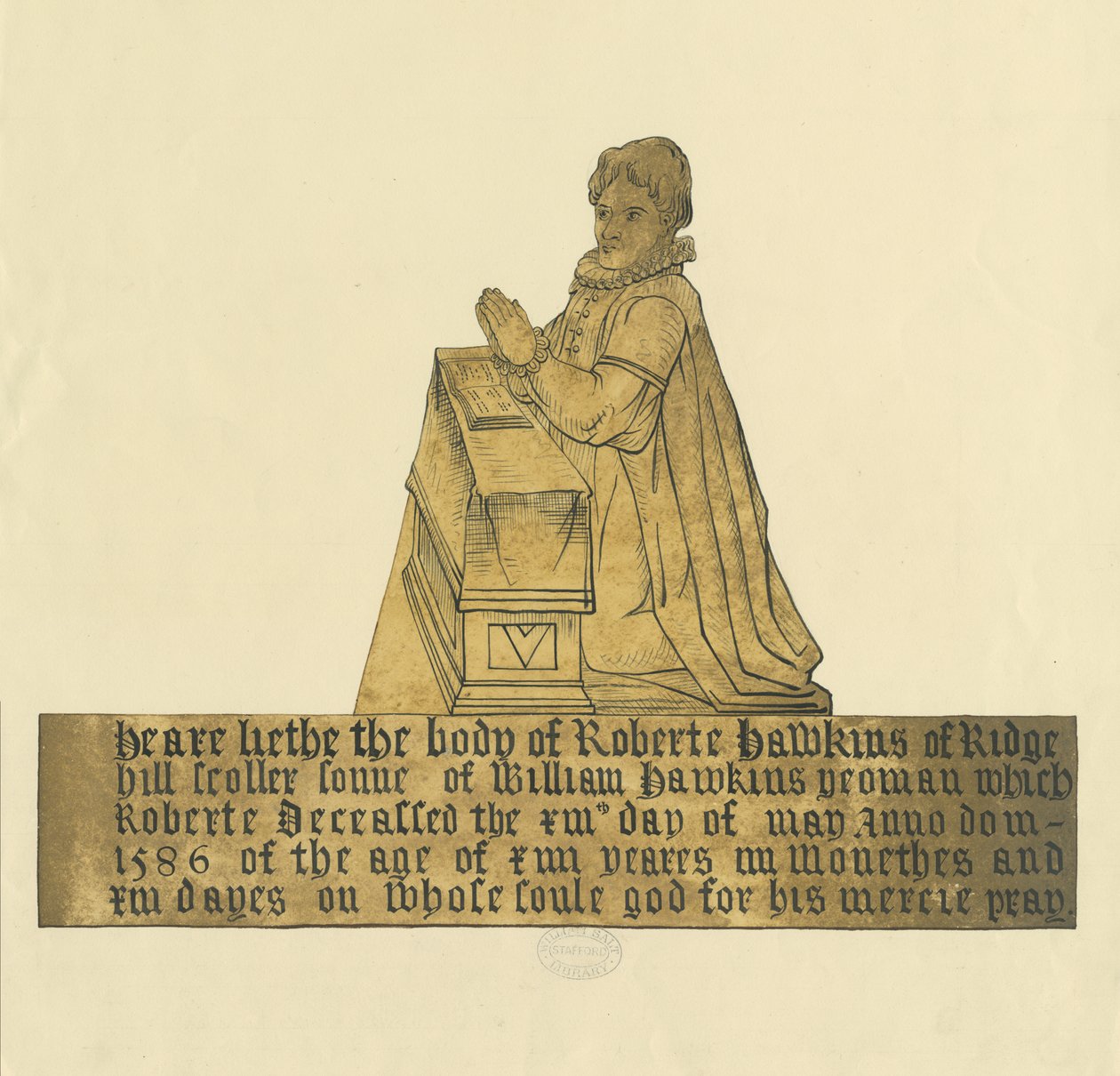 Madeley Church - Monument til Robert Hawkins: vandfarve og blækmaleri, nd [?19. århundrede] af Unbekannt