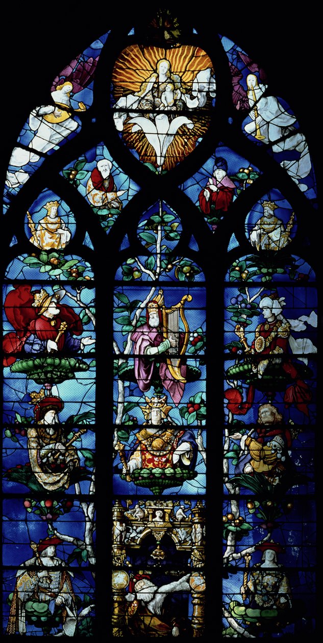 Madonna og barn med engle og portrætter, der afspejler protektion af en lokal bispelig protektor, ca. 1200-tallet (farvet glas) af Unbekannt