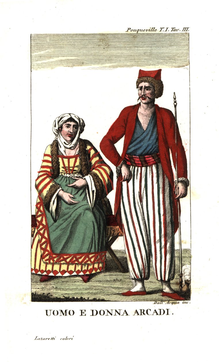 Mand og kvinde i Arkadien, Peloponnes, Grækenland. Illustration fra Francois Pouquevilles rejser gennem More, Albanien og flere andre dele af det osmanniske rige. af Unbekannter Künstler