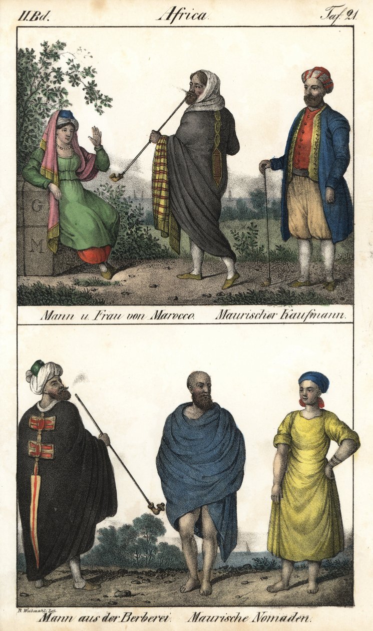 Mand og kvinde fra Marokko, en maurisk købmand, øverst, og et par marokkanere, en maurisk købmand og nederst en berbermand i frakke og et par mauriske nomader. Litografi til bogen: "Galerie complete en tableaux fideles des peuples d