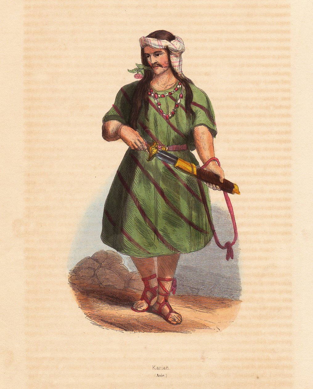 Mand fra Karen-stammen (Karene eller Karyang) (Burma, Myanmar) - Mand fra Karen-stammen (Karian) i det sydlige Burma - Håndkoloreret træsnit fra "Mores, Uses et Costumes de tous les Peoples du Monde, Asia," af Auguste Wahlen, pseudonym for Jean Francois Ni af Unbekannter Künstler