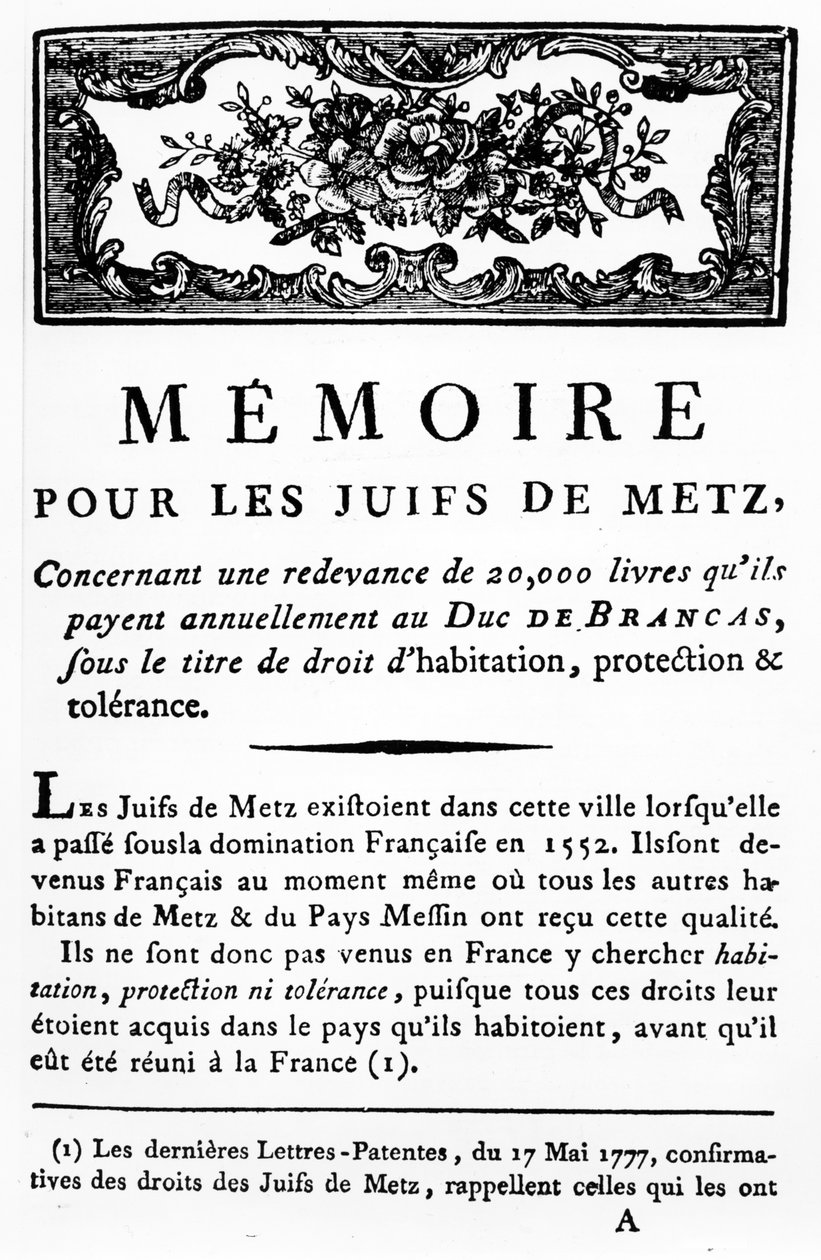 Manifest til støtte for jøderne i Metz, der støtter fjernelse af den skat, jøder skal betale til hertugen af Brancas, ca. 1790 (trykt papir) af Unbekannt