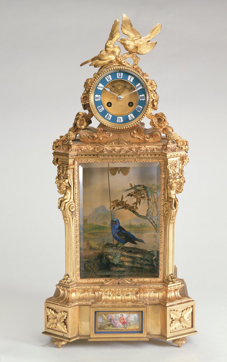 Mantelur, porcelænsmonteret ormolu, med syngende fugleautomat, fransk af Unbekannt