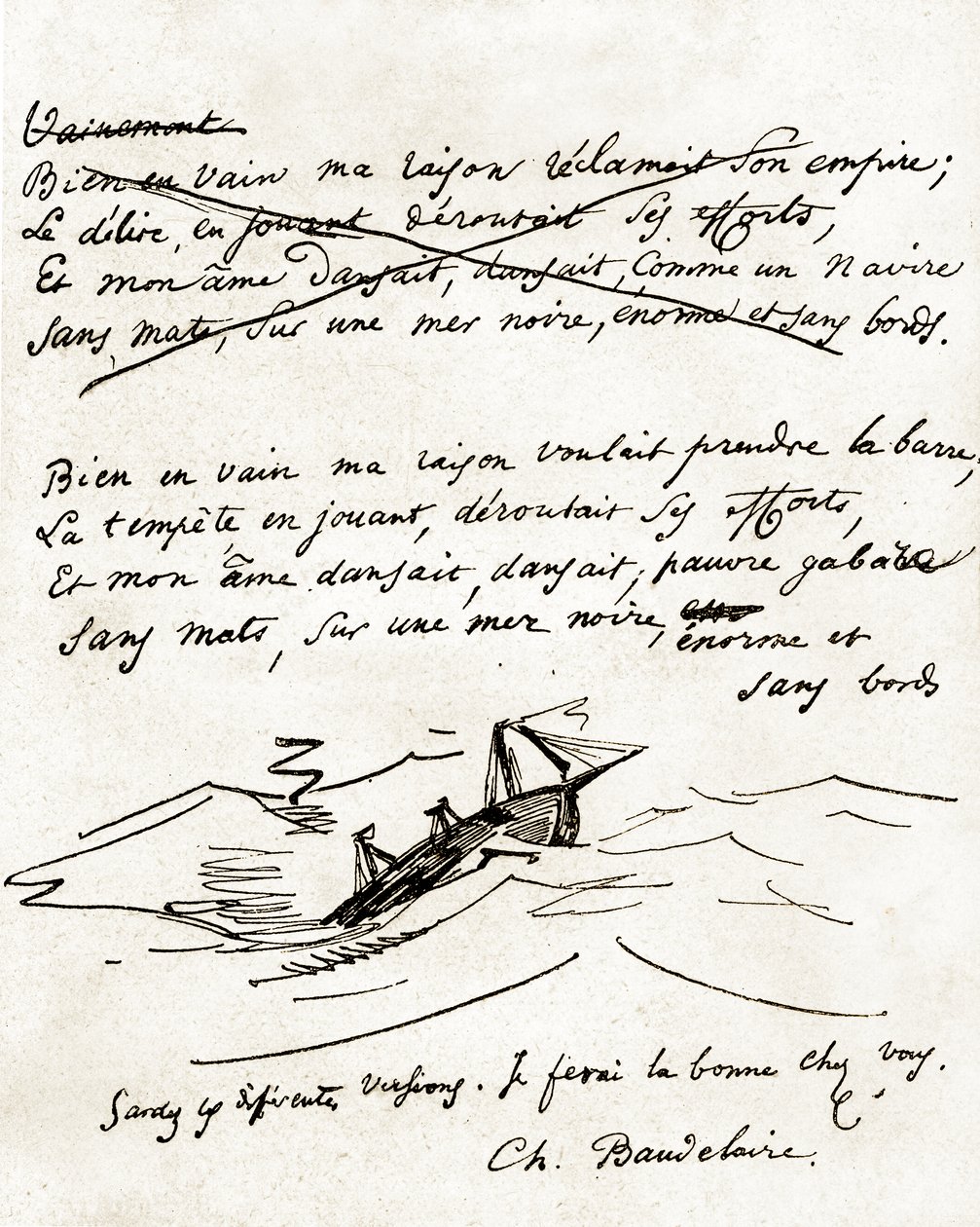 Manuskript af Charles Baudelaire, illustreret med en tegning af en båd af Unbekannter Künstler