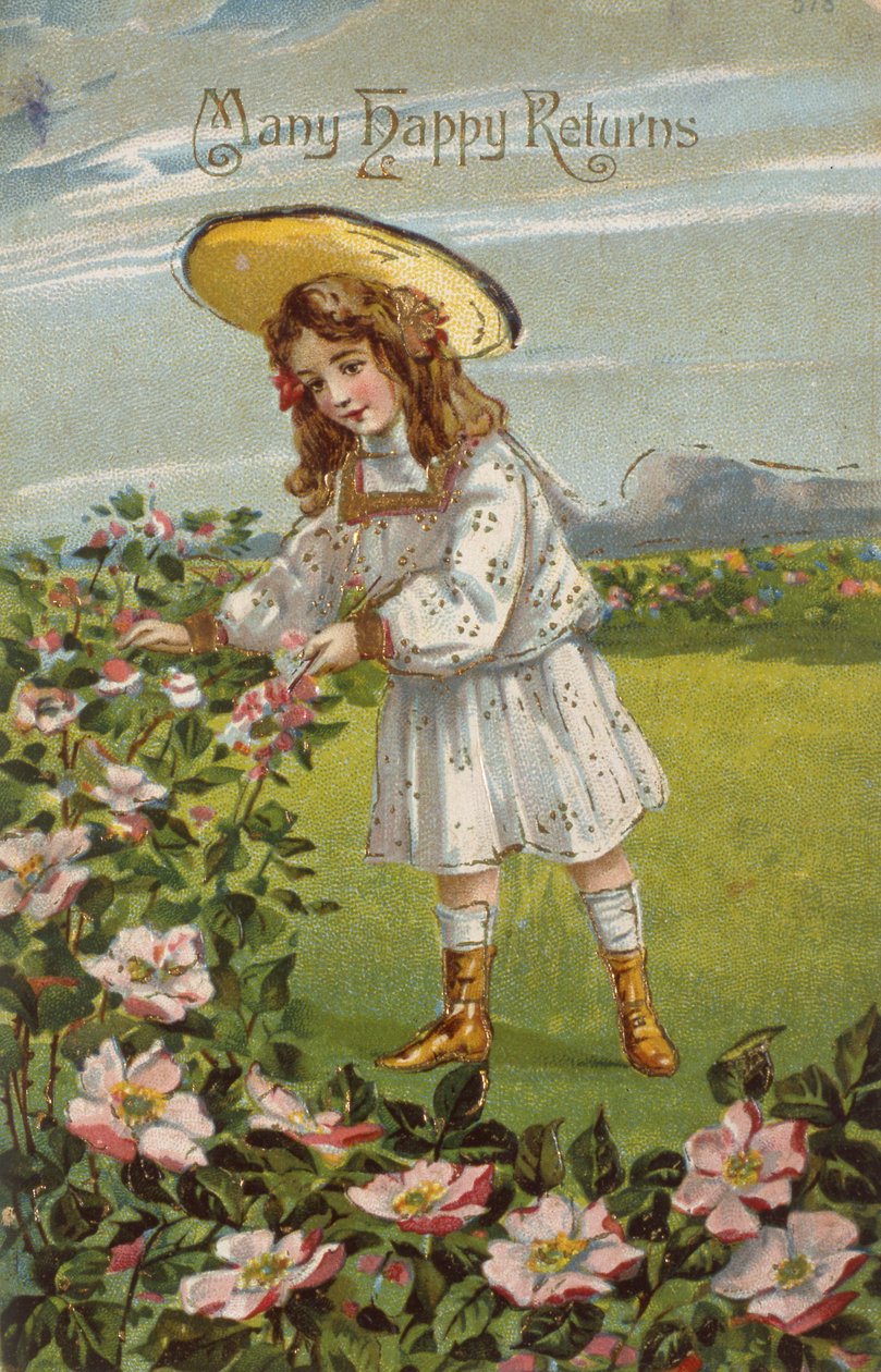 "Mange Happy Returns", victoriansk fødselsdagskort (chromolitho) af Unbekannter Künstler