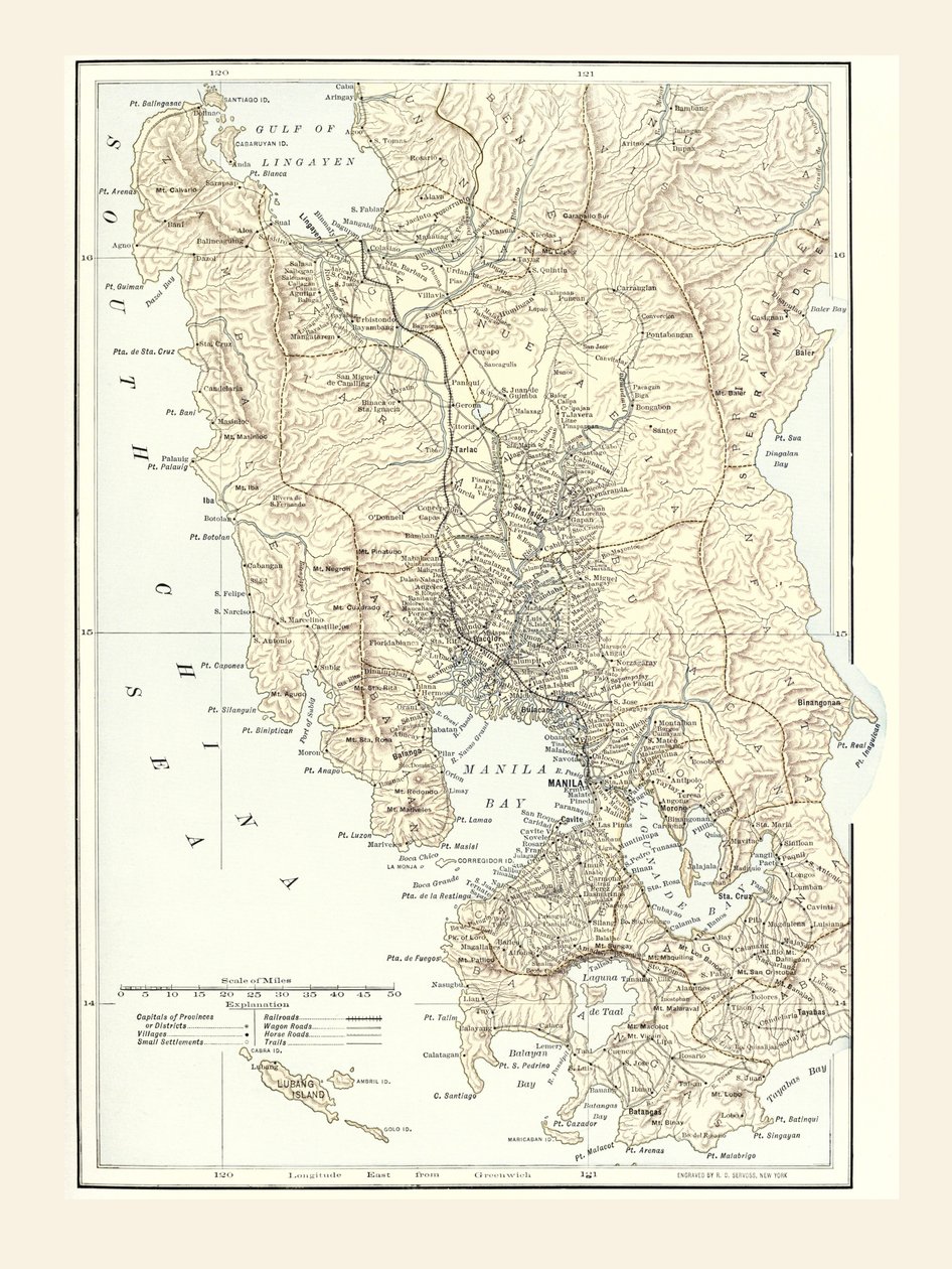 Kort over Manila, Filippinerne og krigssædet under den spansk-amerikanske krig i 1898. af Unbekannt
