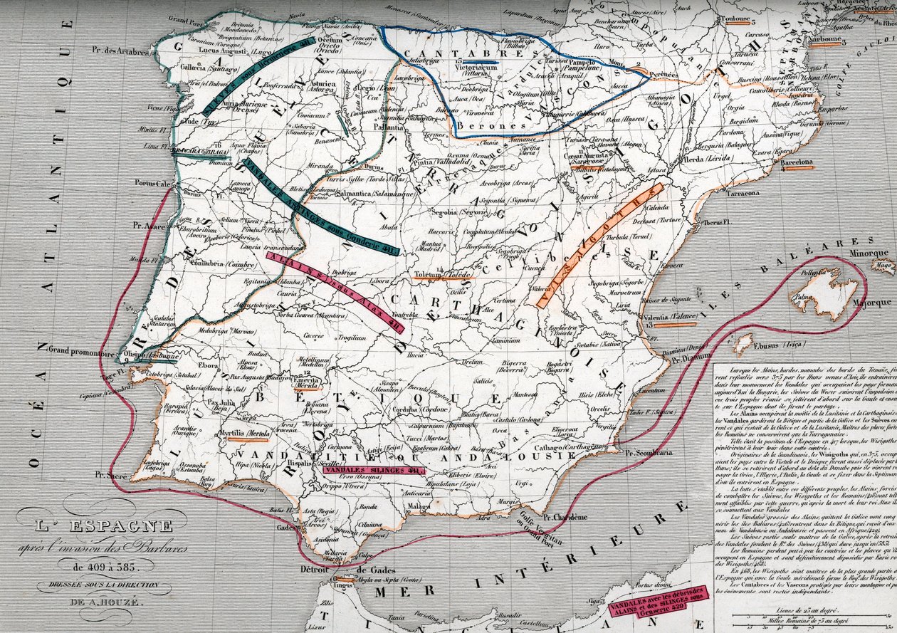 Kort over Spanien på det germanske Hispanias tid, 409-585 (Kort over Spanien på det germanske Hispanias tid) Stik fra "Atlas Universel" af Houze af Unbekannter Künstler