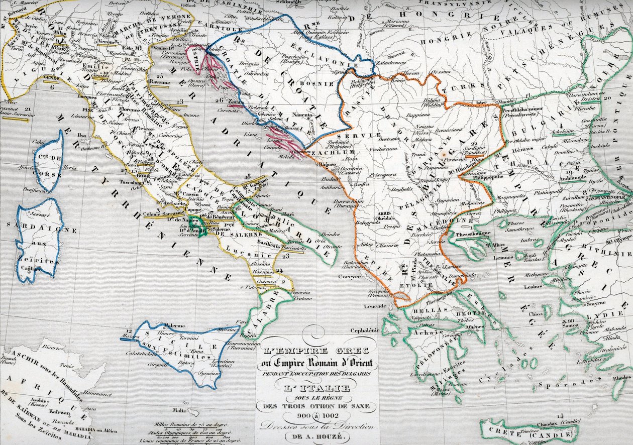 Kort over Det Byzantinske Rige under besættelsen af Bulgarien og Italien under Otto I, Otto II og Otto III, den hellige romerske kejser. af Unbekannter Künstler
