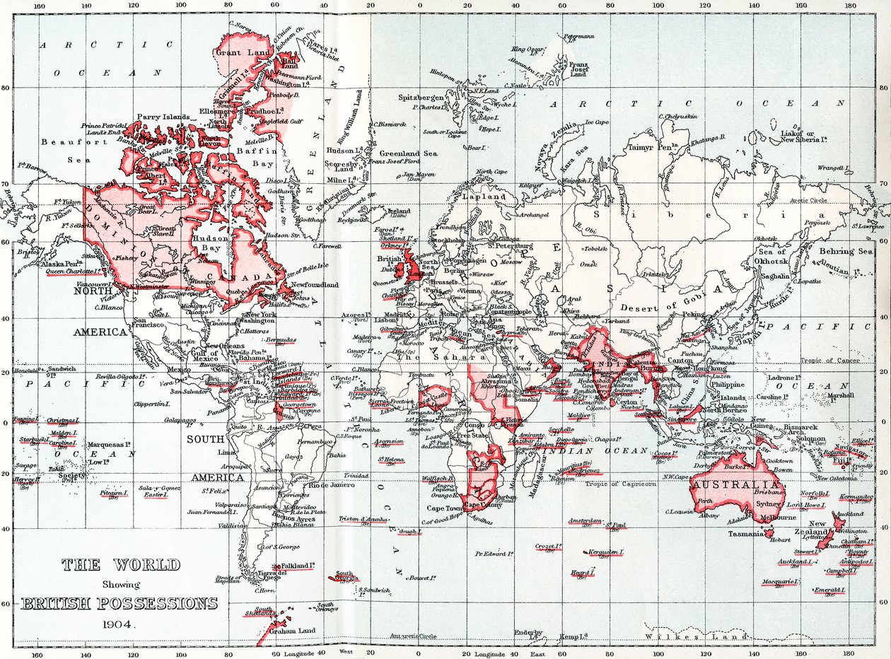 Kort over verden, der viser britiske besiddelser i 1904. af Unbekannt