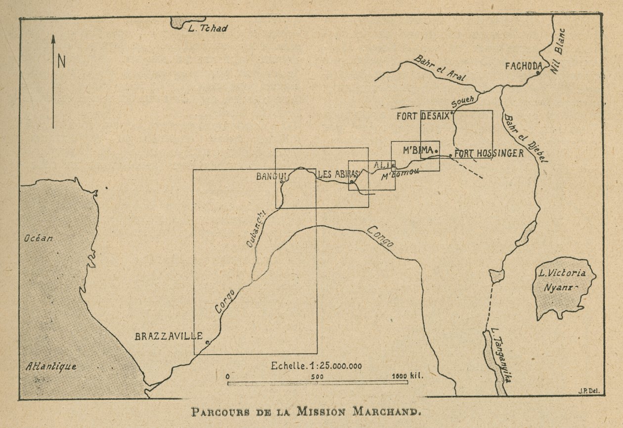 Kort, der viser Marchand-missionens rute i 1898 (litho) af Unbekannt