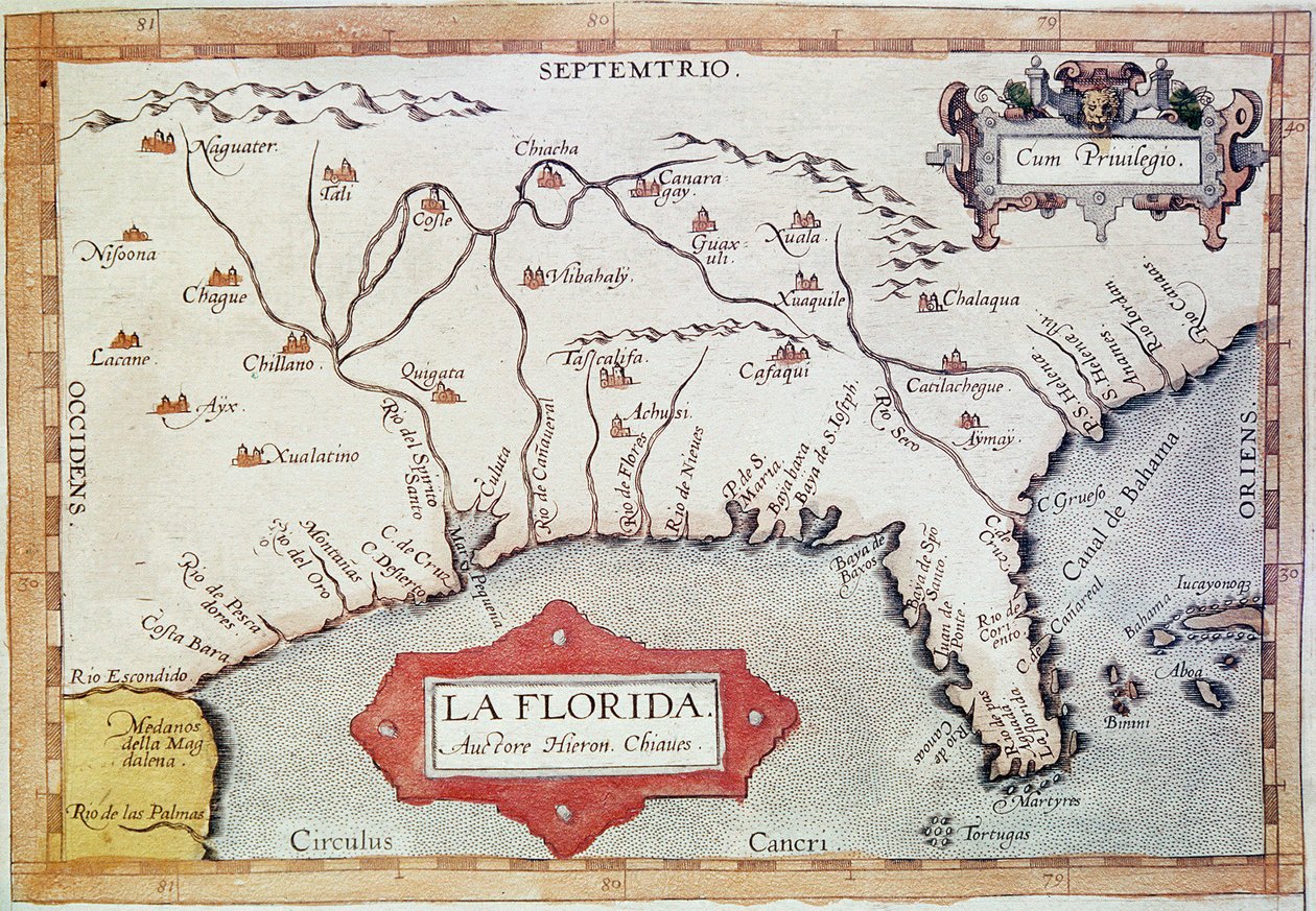 Kortlægning af "Florida". Vi kan se Krebsens vendekreds, Bahamas og Tortugas-øerne. I "Teatrum Orbis Terrarum"" af kartografen Abraham Ortelius (1527-1598) af Unbekannter Künstler