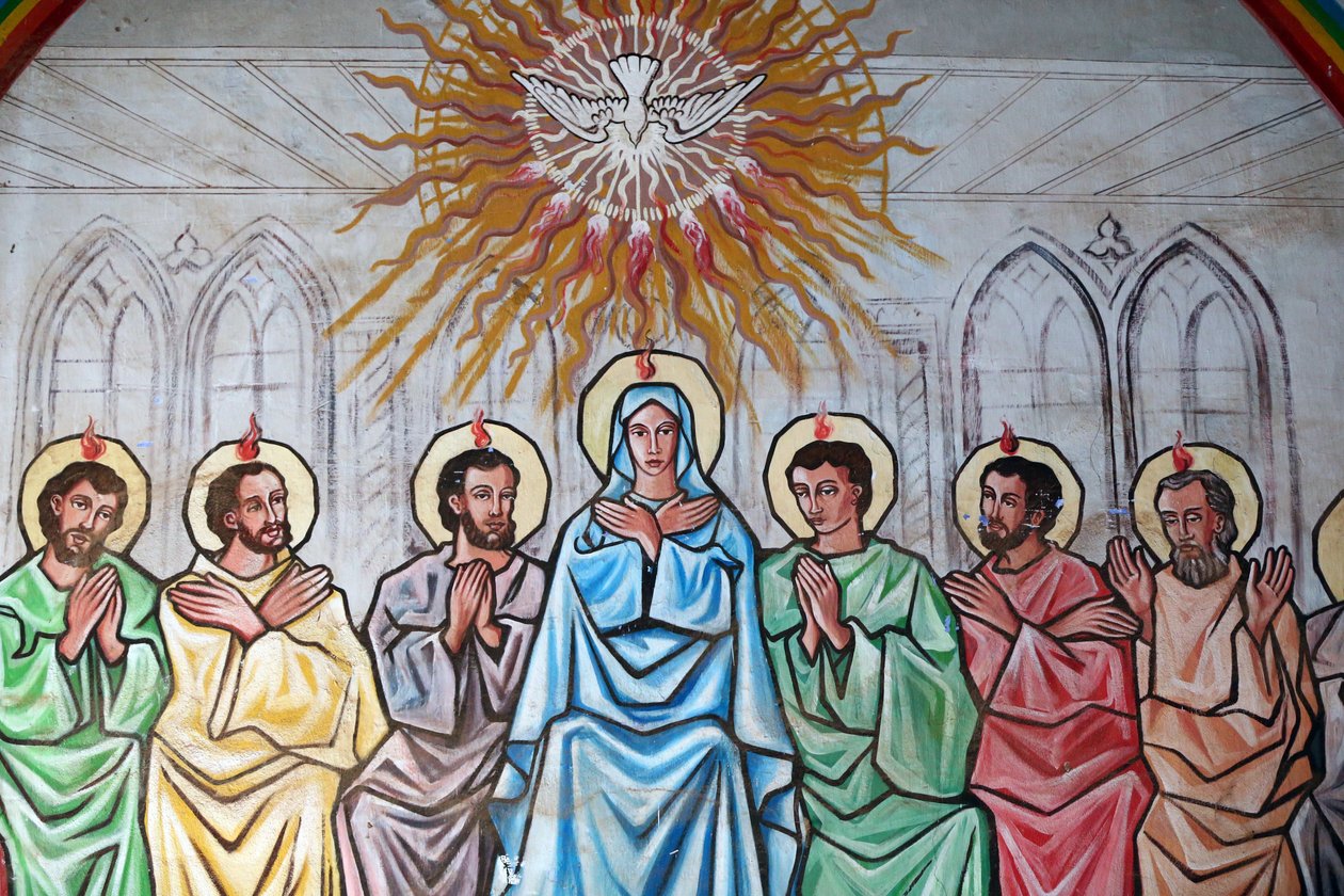 Marian Sanctuary Our Lady of the Lake Togo. Helligånden daler ned over Jomfru Maria og apostlene. Maleri. At gå af Unbekannt