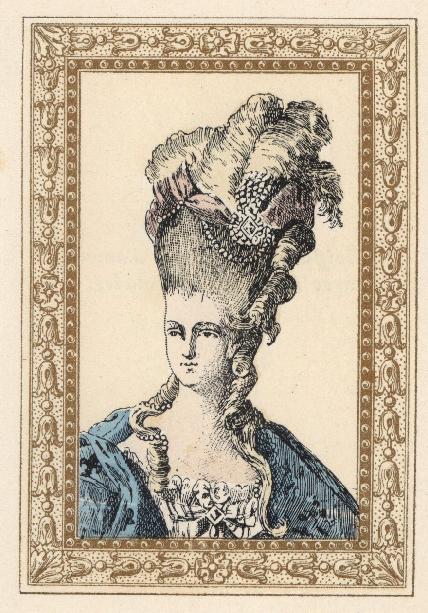 Marie Antoinette, hustru til kong Ludvig XVI af Frankrig, i kunstfærdig frisure kronet med bånd og perler af Unbekannter Künstler