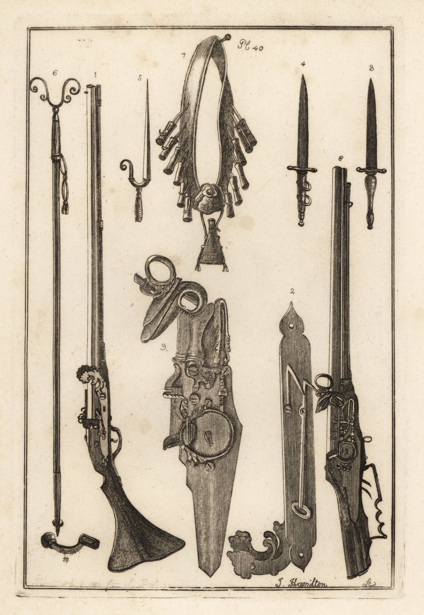 Matchlock-musket, lås og bajonet fra Tower of London 1-3, bajonet 4, musketstøtte og bajonet 5, musketstøtte 6, bandilere og pudderkolbe 7, hjullås 8,9 og skruenøgle 10 af Unbekannt
