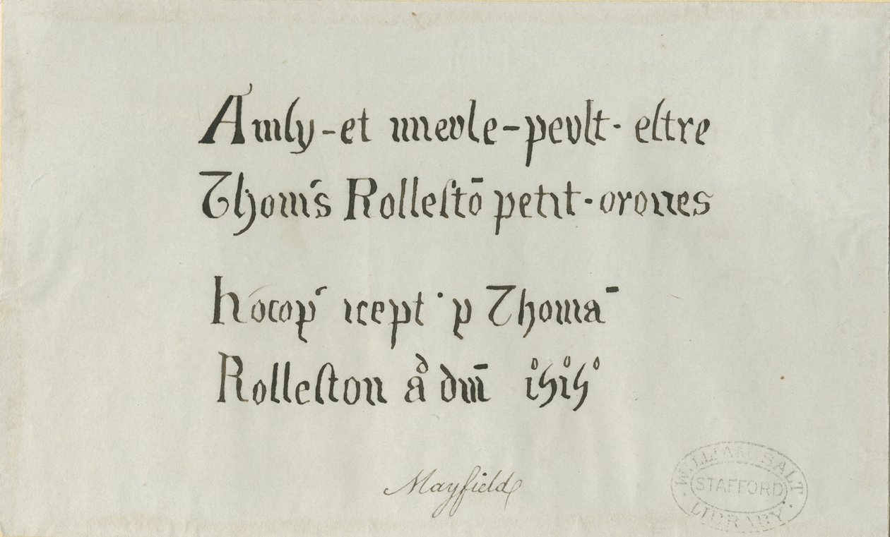 Mayfield Church - Inskription til Thomas Rolleston: pentegning, nd [?18. århundrede] af Unbekannt