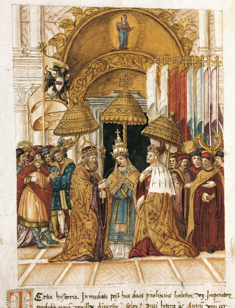 Møde mellem Frederic Barberossa (Federico Barbarossa) og pave Alexander III (Alexander, Alessandro III) (1105-1181) i Dogepaladset i Venedig i 1177 af Unbekannter Künstler