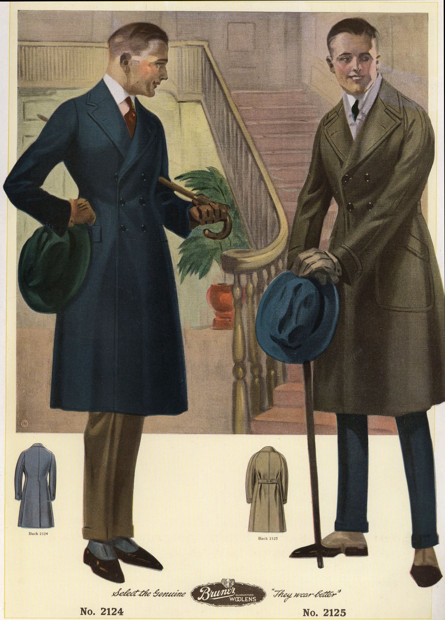 Herremode 1920 - Mænd i dobbeltradede frakker med stokke og hatte, iført spatler. Kromolitografi fra et katalog over herremode fra Bruner Woolens. af Unbekannter Künstler