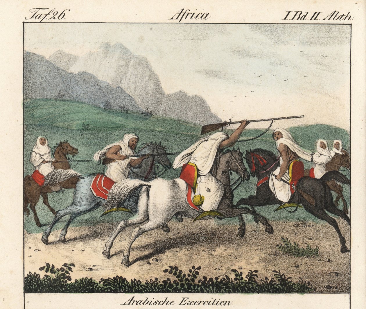 Militære øvelser, angreb af arabiske ryttere. Litografi til bogen: "Galerie complete en tableaux fideles des peuples d