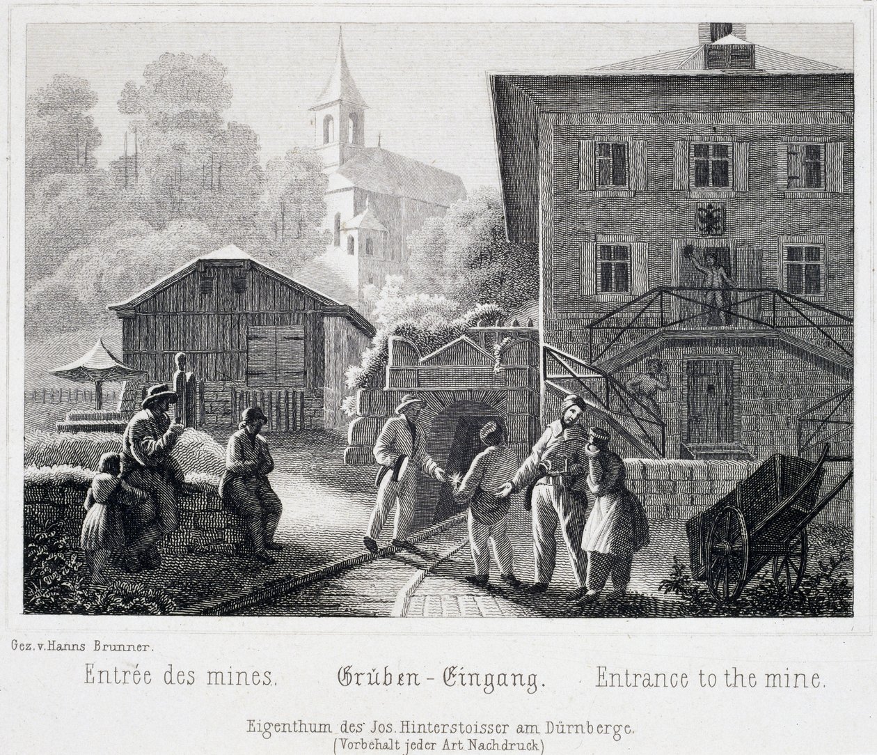 Saltmine: indgangen til minen, i Durrnberg, Østrig, omkring 1850 af Unbekannt