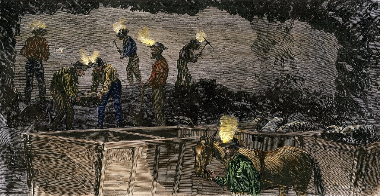 Minearbejdere graver minen og læsser kullet i små vogne, der drives af muldyr i Pennsylvania. Farvestik fra 1860. af Unbekannter Künstler
