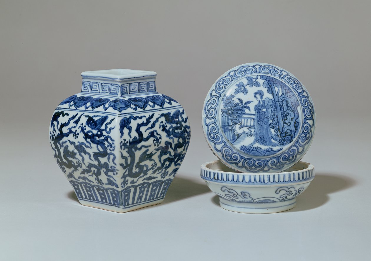 Ming blå og hvid firkantet balusterkrukke og cirkulær æske, Chia Ching periode (1522-66) af Unbekannt