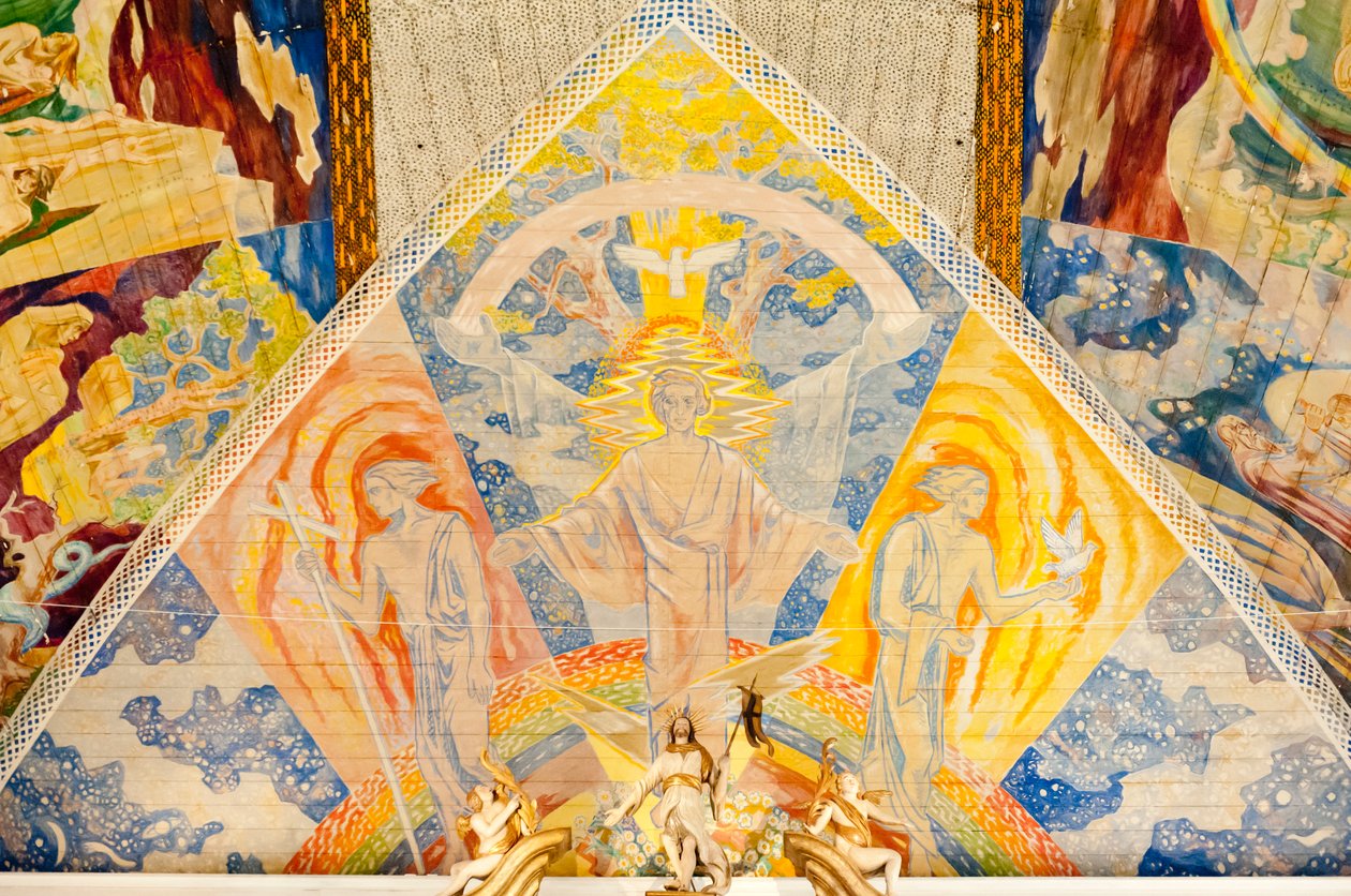Moderne kunst; farverigt loftmaleri af Lou Mohr; """" Treenighed""""; 1938; maleri af Jesus Kristus ved Oslo katedral; Olso Domkirke; Oslo; Norge; Skandinavien; Nordeuropa; Europa af Unbekannt