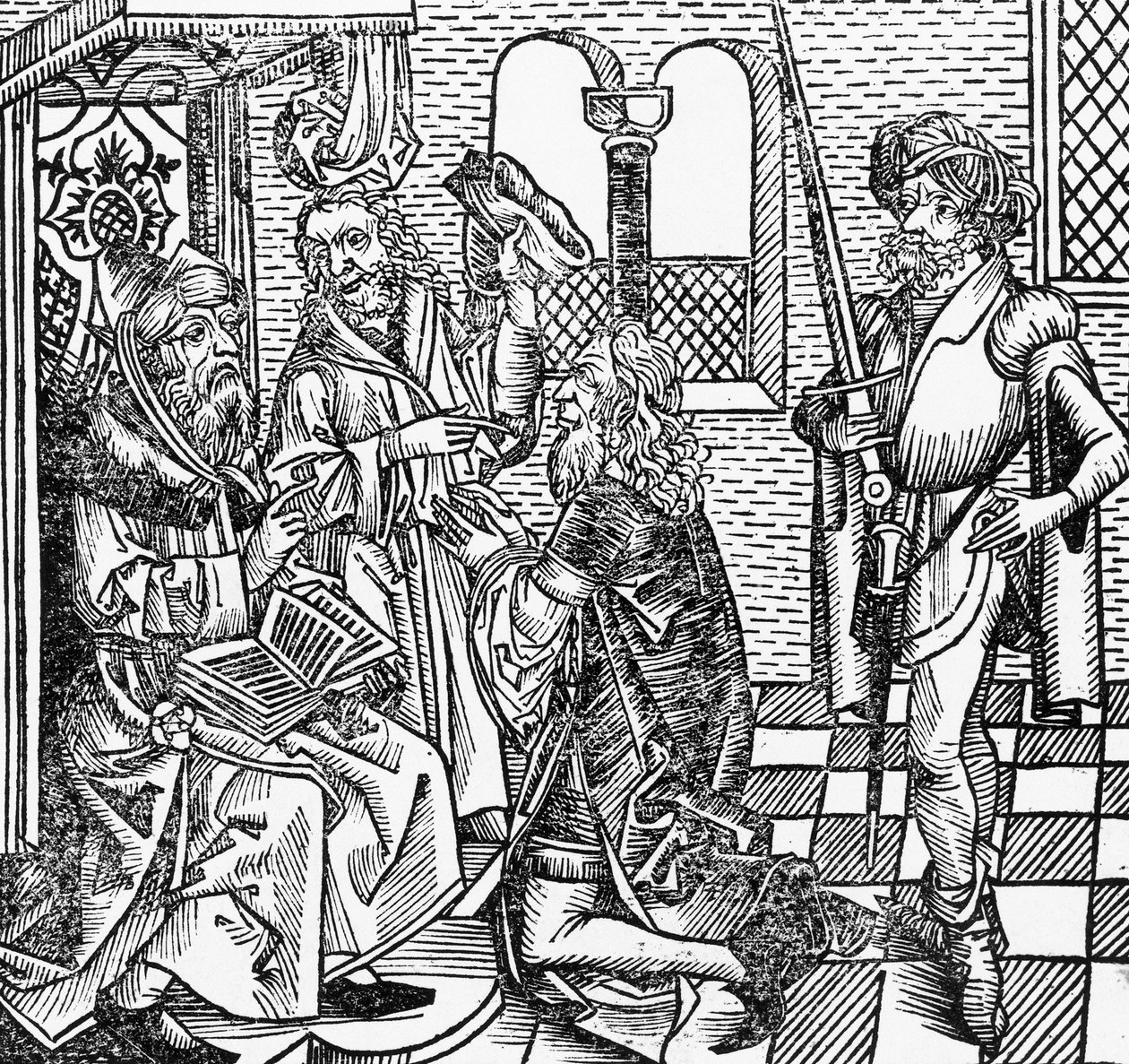 Muhammed ved hoffet, tysk træsnit, fra Nürnberg Chronicle (Liber Chronicarum) af Hartmann Schedel af William M. Timlin