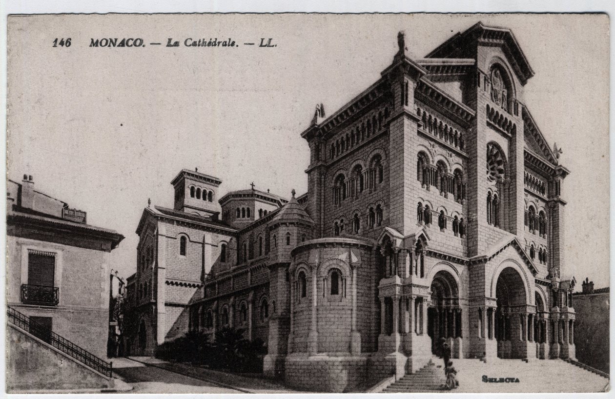 Monaco: udvendig udsigt over Cathedrale Notre Dame Immaculee (Notre-Dame-Immaculee) - Postkort slutningen af det 19.-20. århundrede af William M. Timlin