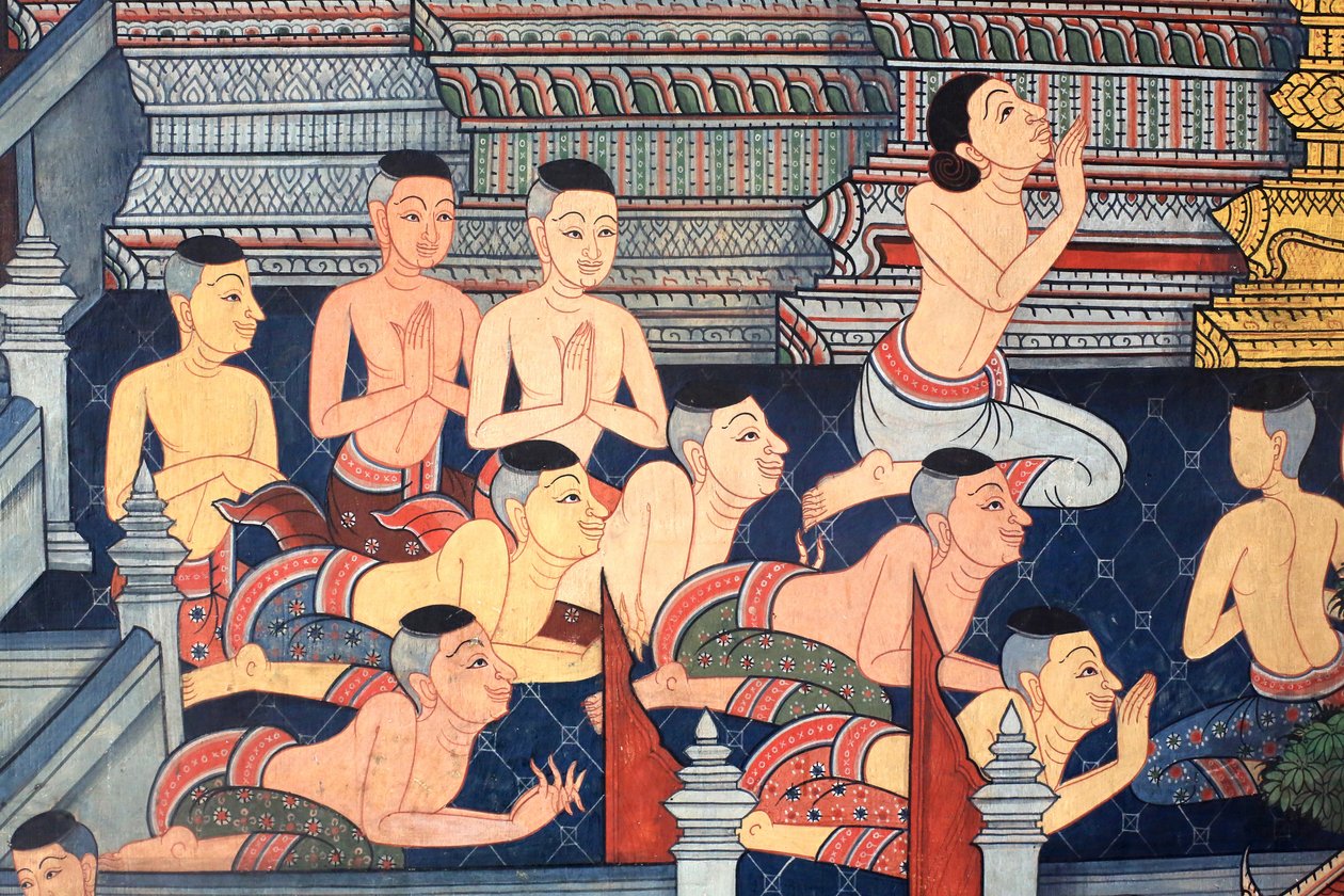 Munke. Vægmaleri på indervæggene i Vihara fra kong Rama III