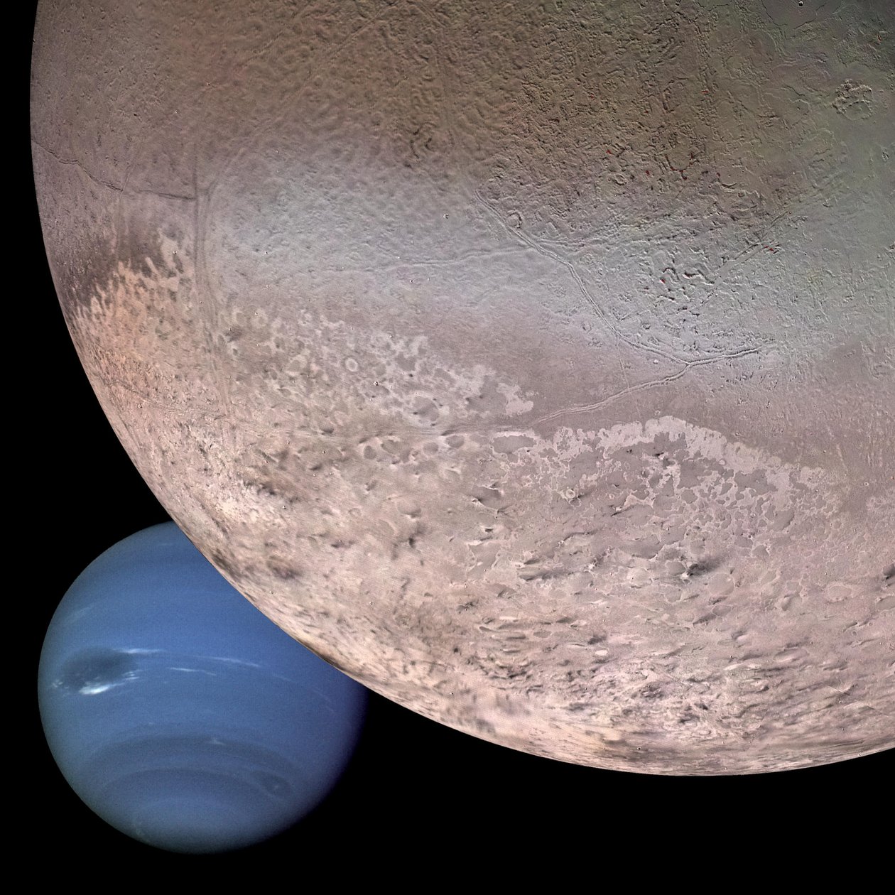 Montage af Neptun og dets måne Triton (digitalt billede) af Unbekannt