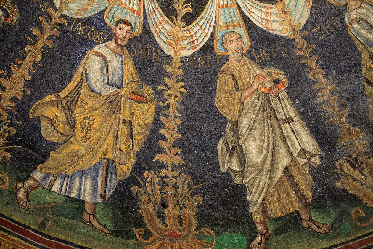 Mosaik af loftet i Baptistery of Neon. Detalje af processionen af de tolv apostle, der fortsætter rundt om midtmosaikken i to retninger, og slutter med, at Sankt Peter møder Sankt Paulus. 5. århundrede, Ravenna, Italien. Registreret som UNESCO World Heri af Unbekannt