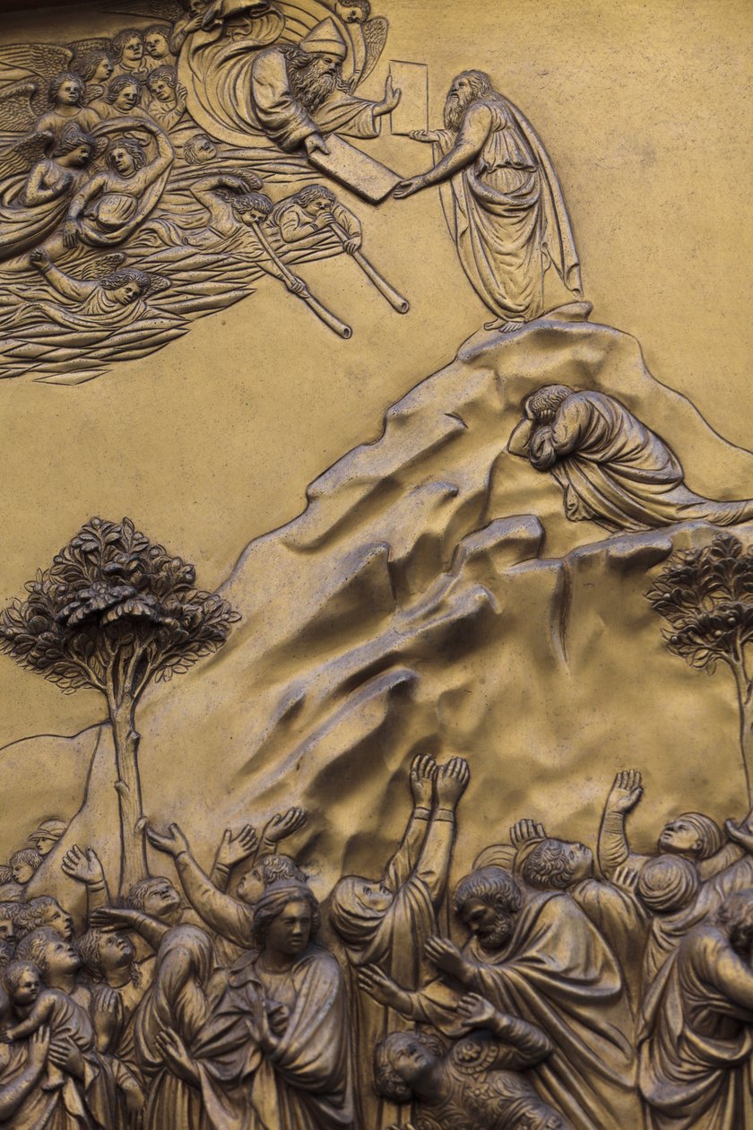 Moses modtog de ti bud. Den østlige port til dåbskapellet i Firenze, også kaldet himlens porte af Michelangelo, bronzeskulptur fra 1400-tallet af Lorenzo Ghiberti (1425-1452), Firenze, Italien af Unbekannt