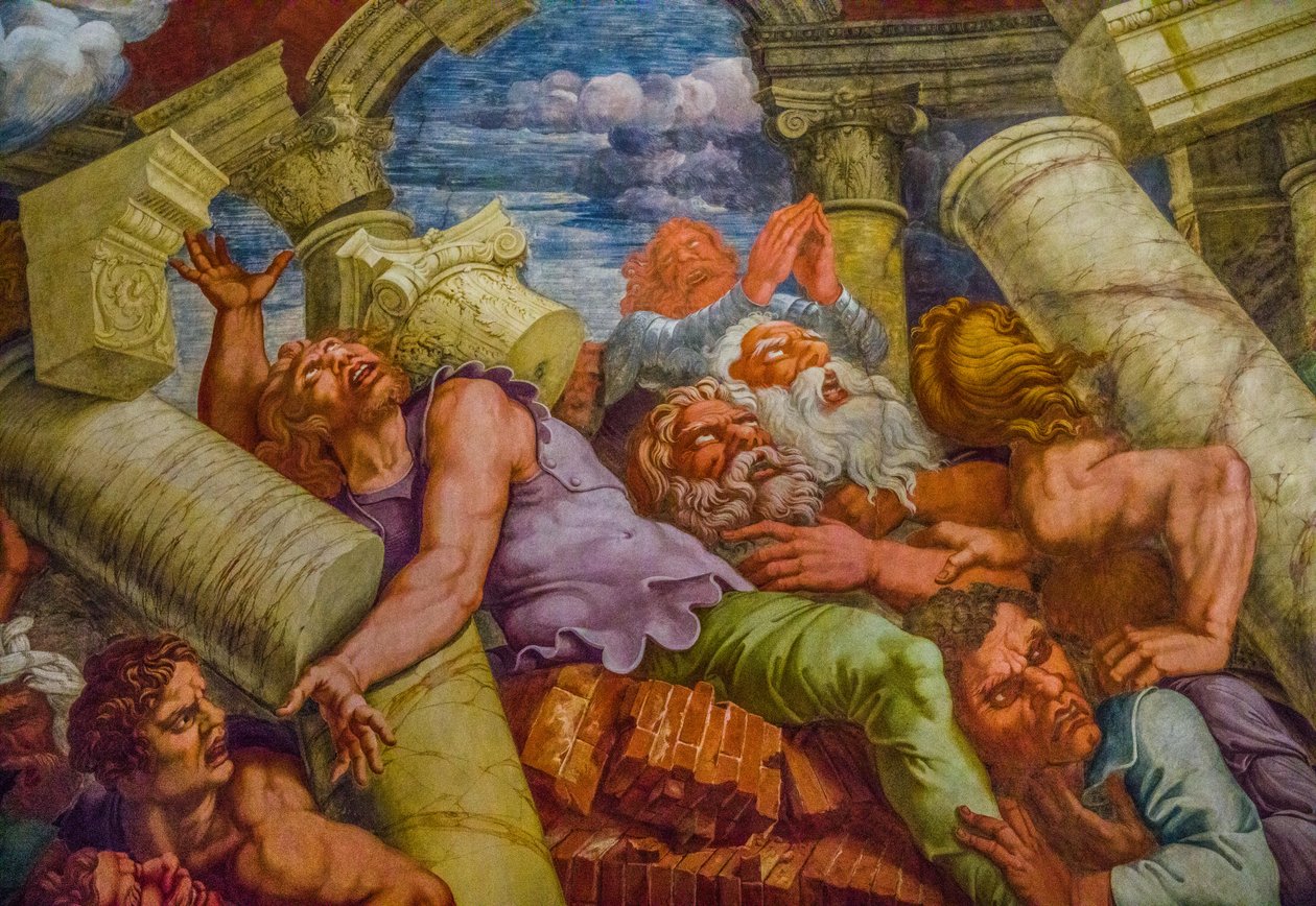 Manierismens mest berømte fresko: Giulio Romanos illusion opfinder en kuppel og opløser rummets arkitektur i giganternes fald, Giants Hall af Unbekannter Künstler