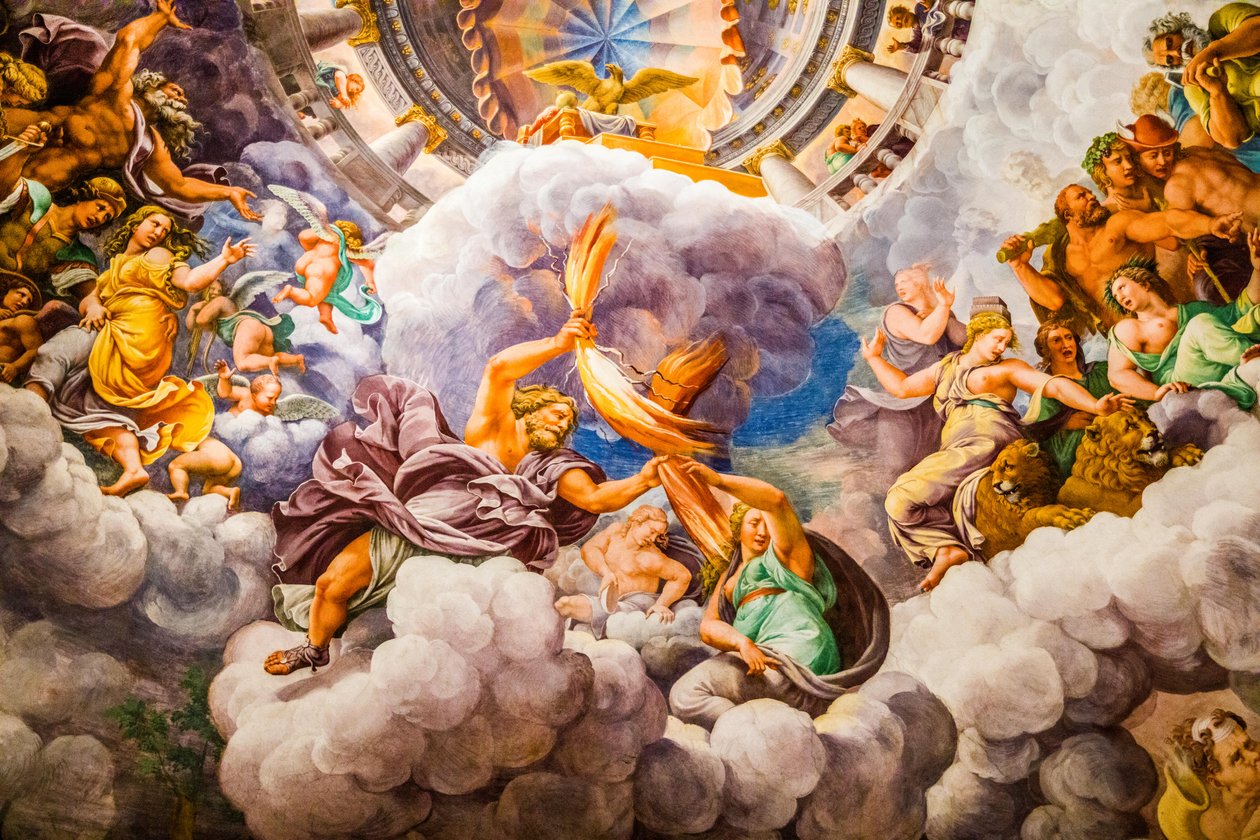 Manierismens mest berømte fresko: Giulio Romanos illusion opfinder en kuppel og opløser rummets arkitektur i giganternes fald, Giants Hall af Unbekannter Künstler