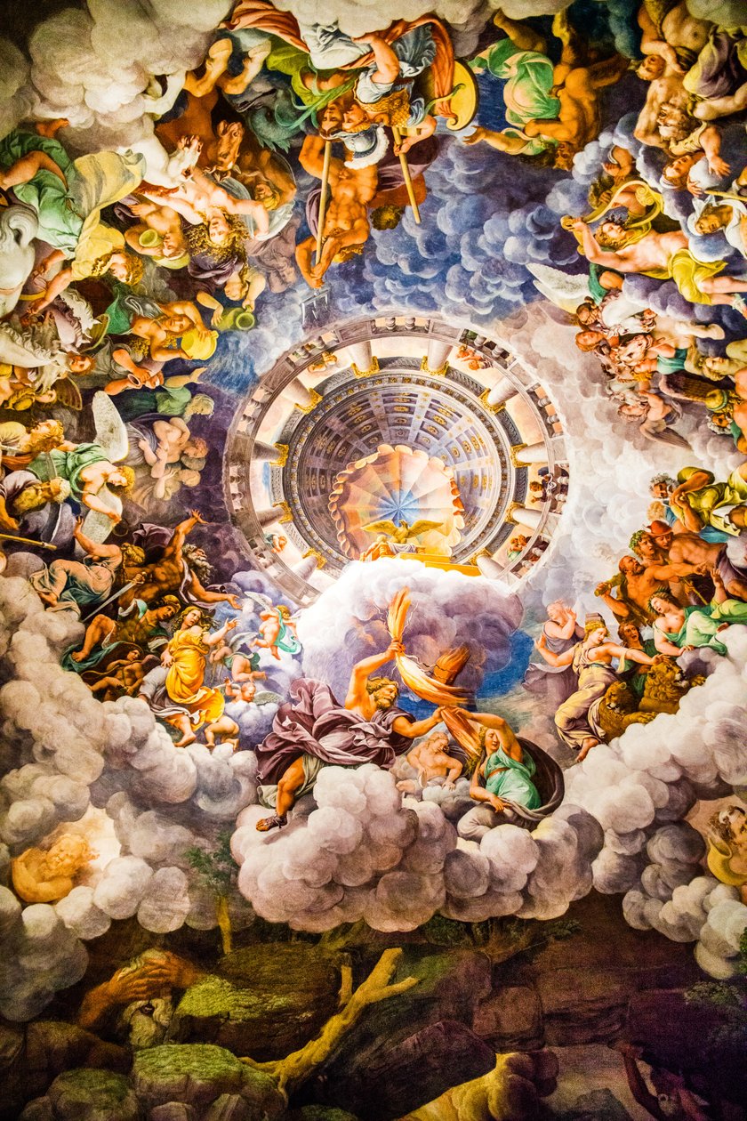 Manierismens mest berømte fresko: Giulio Romanos illusion opfinder en kuppel og opløser rummets arkitektur i giganternes fald, Giants Hall af Unbekannter Künstler