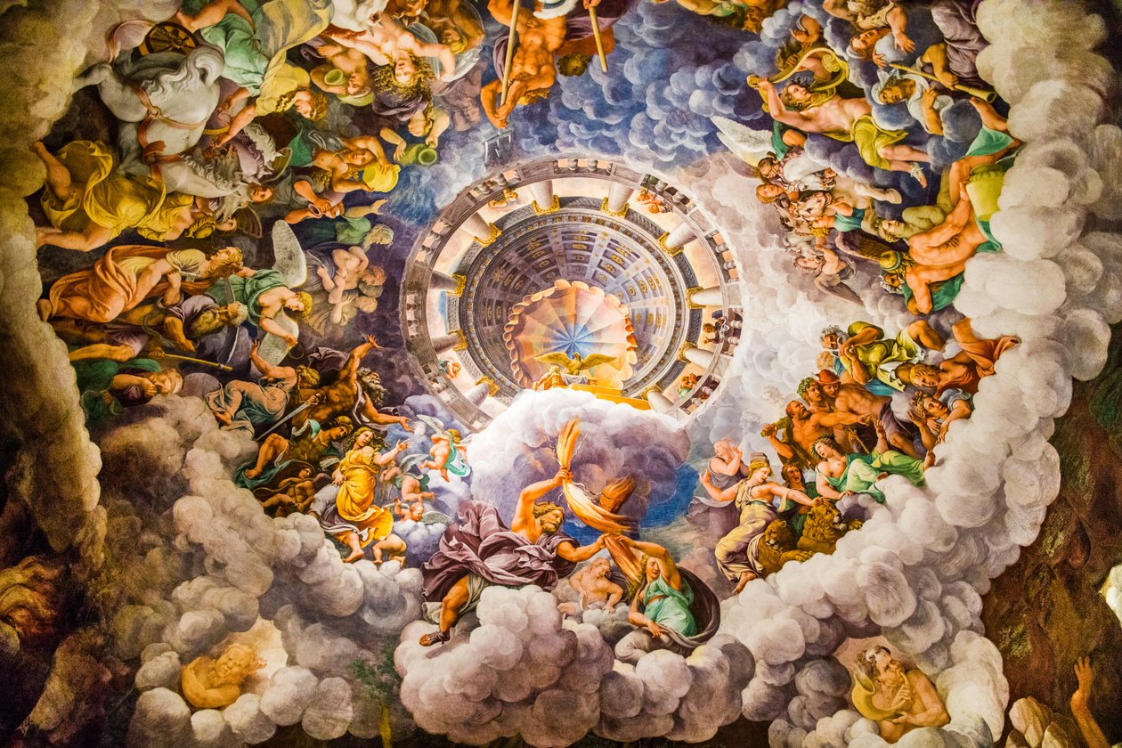 Manierismens mest berømte fresko: Giulio Romanos illusion opfinder en kuppel og opløser rummets arkitektur i giganternes fald, Giants Hall af Unbekannter Künstler