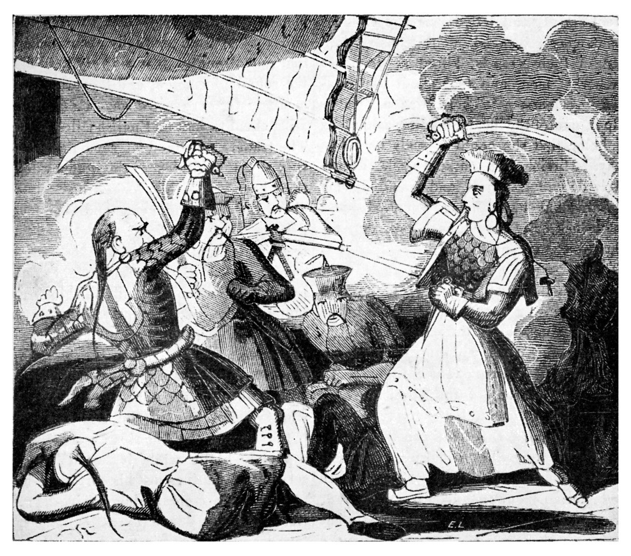 Mrs Ching svinger et sværd, ca. 1810 (gravering) af Unbekannter Künstler