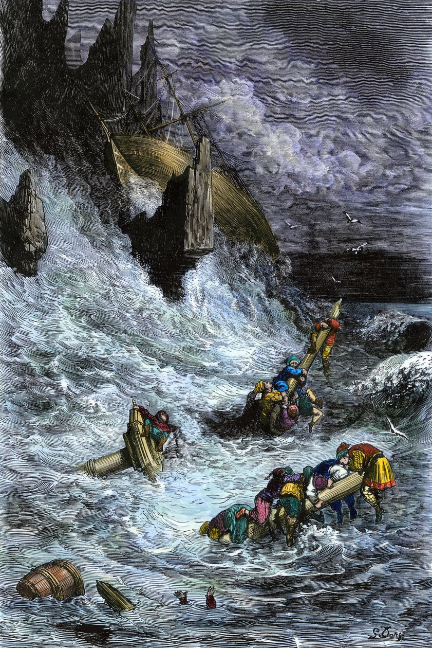 Myter og legender: Sinbad (Sindbad) og hans ledsagere efter de 1001 nætter (tusinde og en nat). Farvestik af Gustave Dore. af Unbekannter Künstler